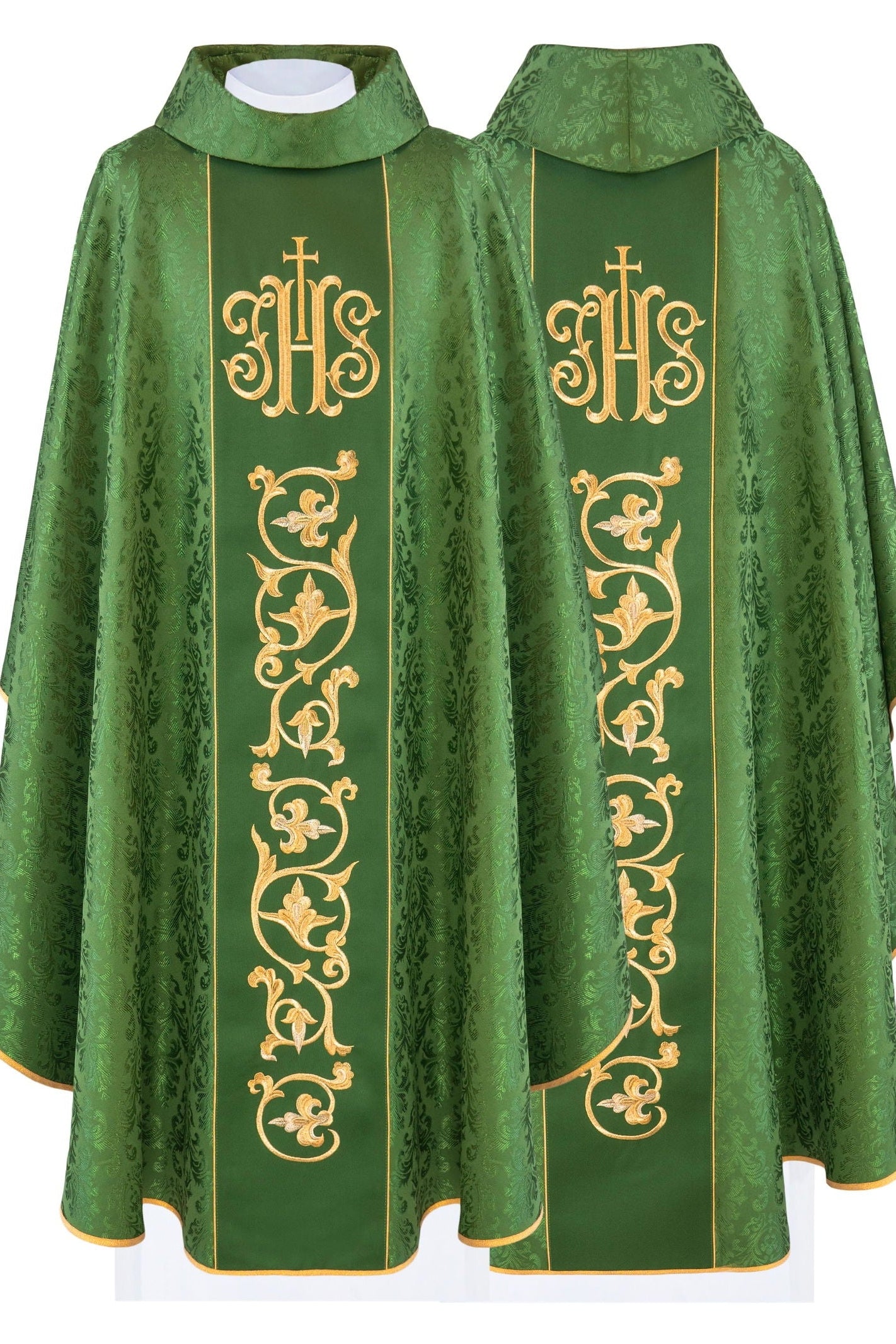 Casula liturgica verde con stolone e ricamo IHS riccamente decorata